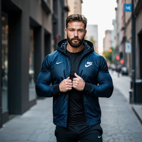 raw-foto, full body shot of the man, handsome man with beard in black sportswear, he shows his muscles in a bodybuilding pose, w...