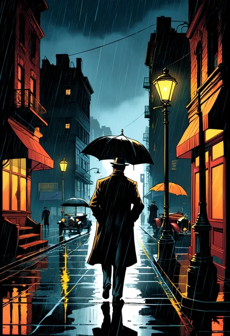 Location: 1920s Neo-noir street. Style: Frank Miller comic style sketch. Rainy, midnight, street lamp