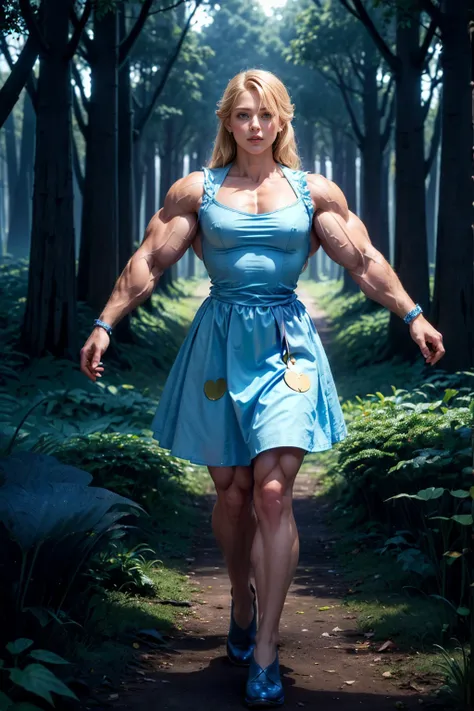 (Muscular:1.8), (thick thighs:1.2), (large round breasts:1), (large muscular chest and shoulders:1), FEMALE, blonde hair, long blonde hair, (big smile:0), (wearing blue cute Alice In Wonderland dress:1.6), looking at viewer, (three quarter view:1.3), upper...