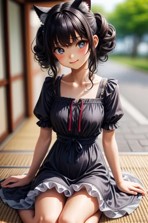 Super detailed, Fine grain, Japanese , ( 14-year-old girl),Look at the photographer､  (curly gray hair, nekomimi),  Glossy Lips,  Center image,  Perfect limbs, Perfect Anatomy,(Summer dresses with ruffles),Suggestive