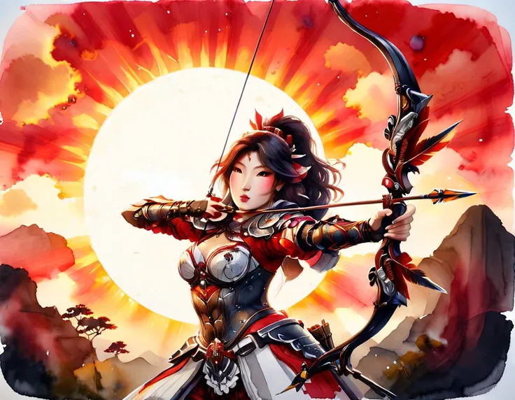 a japanese watercolor illustration (using black, white and red colors only) of a exquisite beautiful female archer, (silhouette ...