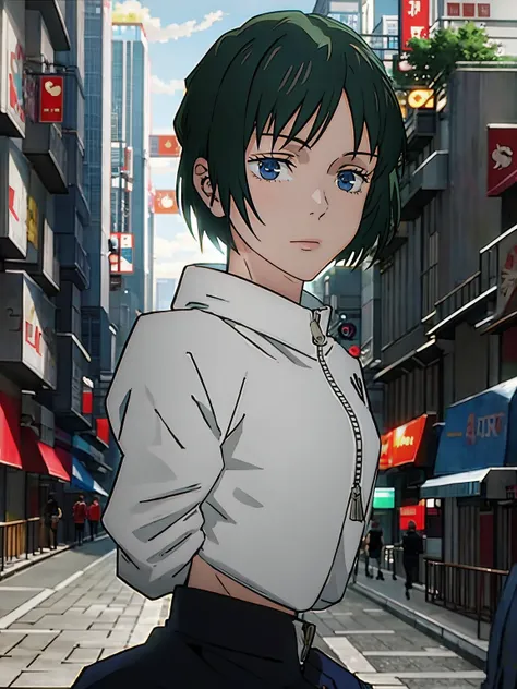 haibara ai, short brown hair, blue eyes,from jujutsu kaisen,on street, buildings behind her, blurry background