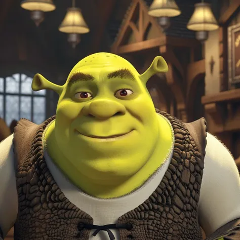 shrek1024, wears a puffy jacket and a tracksuit, drink a cofee in an english pub with laptop,  detailed eyes, highly detailed, p...