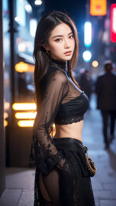 a beautiful fashion model in stylish modern fashion, standing in front of a wall in the streets of tokyo, street fashion snap photography, realistic, stunning fashion, beautiful detailed eyes, beautiful detailed lips, extremely detailed face, masterpiece, ...