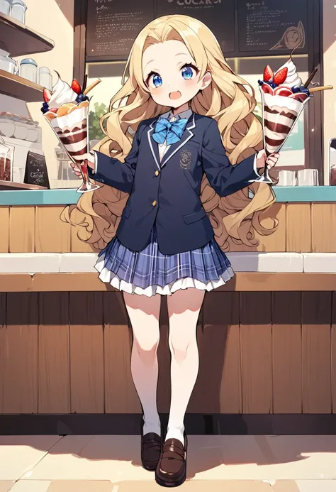 BREAK Perfect Anatomy、Highest quality、(cute:1.1)、(cute)、(High resolution:1.2)、Unbelievably absurd:1.3、Incredible illustrations、(cuteイラスト:1.2)、（Beautiful background、Coffee shop）1gial(Blonde hair and blue eyes、Wavy Hair(child,(a girl, dwarf, height 1.3meters...