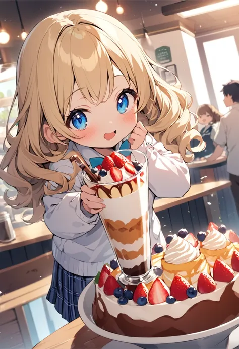 BREAK Perfect Anatomy、Highest quality、(cute:1.1)、(cute)、(High resolution:1.2)、Unbelievably absurd:1.3、Incredible illustrations、(cuteイラスト:1.2)、（Beautiful background、Coffee shop）1gial(Blonde hair and blue eyes、Wavy Hair(child,(a girl, dwarf, height 1.3meters...