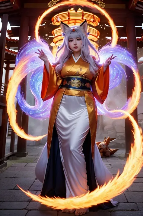 1. "A stunning, majestic female character named nine tail flower (Kyubi no Hana) with an extremely voluptuous, curvaceous, and ultra-chubby body. She has long silver hair, large golden eyes with slit pupils, and a face radiating elegance. She is dressed in...