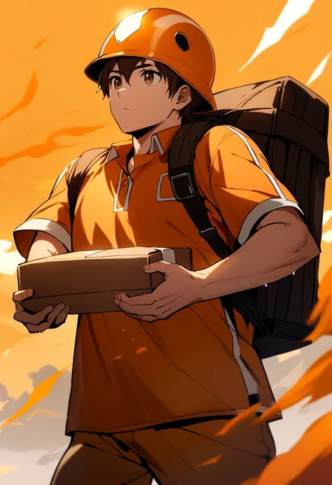 The boy wore an orange helmet with yellow trim, brown eyes, an orange polo shirt with white trim, a black backpack, and was carrying a small box.