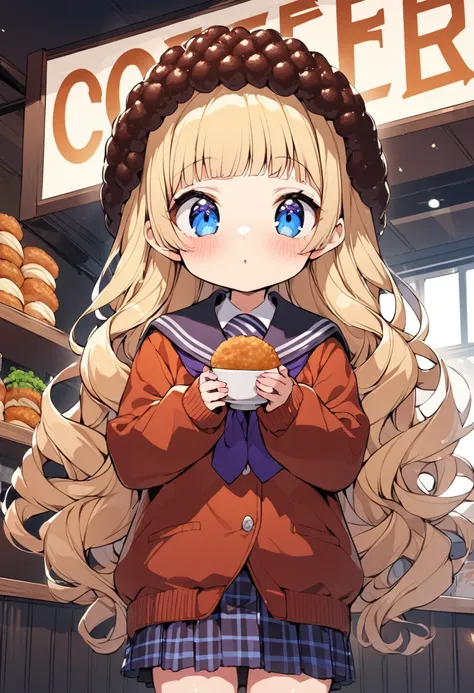 BREAK Perfect Anatomy、Highest quality、(cute:1.1)、(cute)、(High resolution:1.2)、Unbelievably absurd:1.3、Incredible illustrations、(cuteイラスト:1.2)、（Beautiful background、Coffee shop）1gial(Blonde hair and blue eyes、Wavy Hair(child,(a girl, dwarf, height 1.3meters...