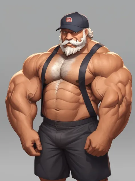 solo, 1boy, Huge Muscular Old man wearing baseball cap, right hand on head holding cap , pectoral, thick arms, huge pectoral, wide pectoral, short white hair, short pants and shirtless, bearded, simple background, masterpiece, high detailed, 8k, high resol...