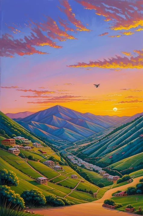 Hills, birds flying , prayer flag , sunset dusk painting