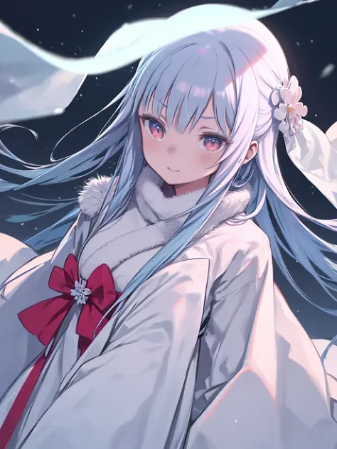 One Girl、Snow Woman、Light blue hair、Straight Long Hair、White kimono、kimono、((night、Snow Mountain、Snowstorm、Blizzard))、Watching the audience、Glaring、Red Eyes、Beautiful woman、Head tilted forward、Long, narrow eyes、Long eyelashes、Laugh eerily、