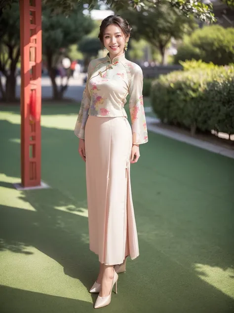 最high quality, 8K, Masseter area, Energetic, Clear focus, high quality, high resolution, Delicate face, Fine particles, thick lips, (Looking at the audience), Solitary, Beautiful woman, 38 years old, Plum, Black hair,  (Light-colored new Chinese cheongsam ...