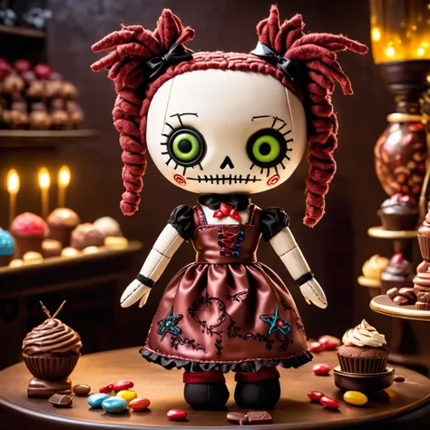 (knitted toy voodoo doll:1.8), (Voodoo Doll Chocolatier:1.3), (Clothing: elegant apron with cocoa bean patterns:1.0), (Accessories: enchanted chocolate mold emitting sweet light, levitating truffles:1.1), (background: luxurious chocolate shop with floating...