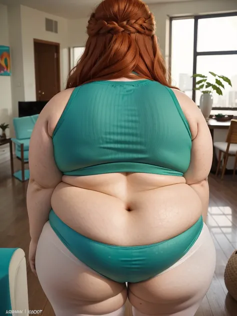 A back wiew photo of a young beautiful redhead bbw with long wavy ginger hair soft fat belly, wide fat obese hips, thick fat legs and fat arms, cute pretty face, small breasts, blue eyes, freckles, in a green yoga pants and yoga top, doing spilts in a mode...