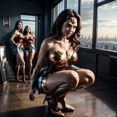 2 girl, gal gadot, as wonder woman, high heels boots, (gigantic breast), and slender body, squatting over the floor, legs spread showing pussy, hands crossed over head, in a room in a sky high building in the middle of New York, open mouth smile, cleavage ...