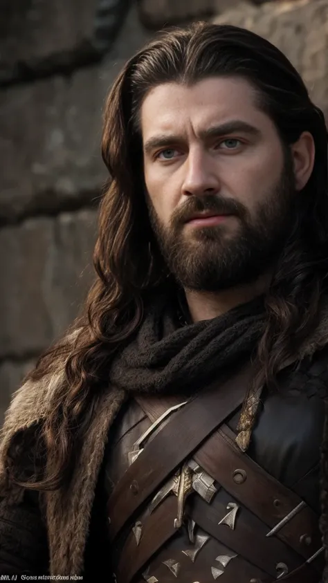 Thorin Oakenshield, dwarf of the clan of Durin, Dark wavy hair, cinematic, against the backdrop of Mount Erebor Fantasy