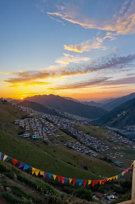 Hills, birds flying , prayer flag , sunset dusk 