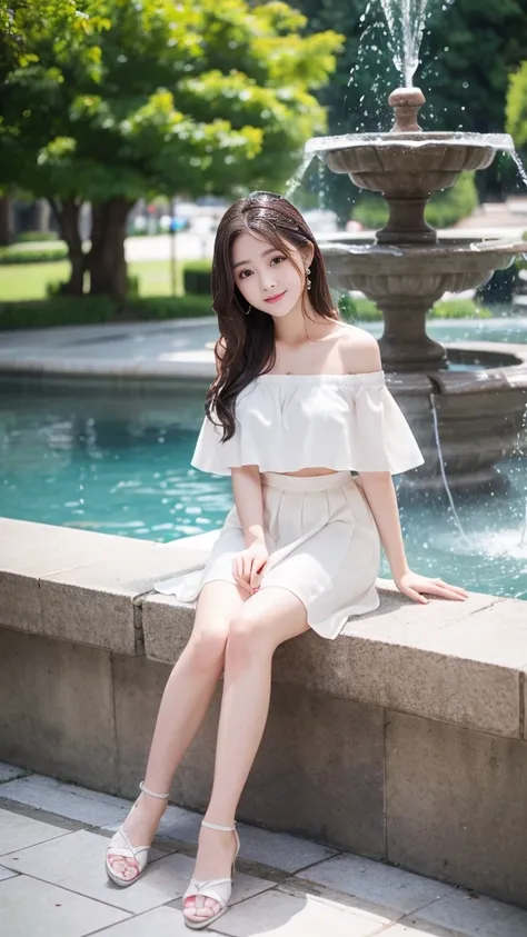 White 20-year-old girl、sit by the fountain、The body is wet with water、Background blur、Ultra-high quality、Sunlight、Off-shoulder skirt、Beautiful girl with fair skin、Messy long hair、Small cracks、glimpsing、Clear outline、Mature atmosphere、HD Skin、Full body shap...