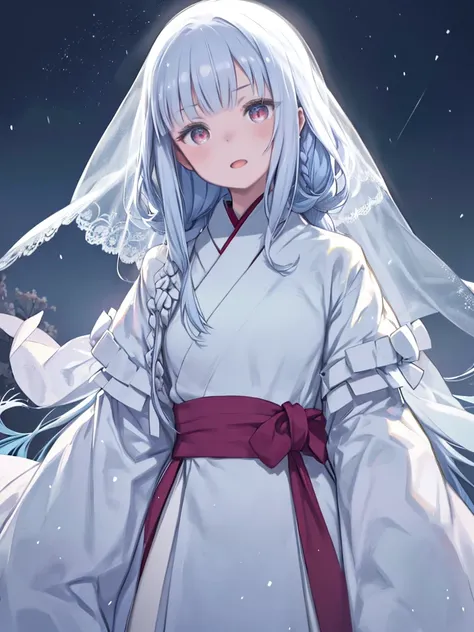 One Girl、Snow Woman、Light blue hair、White Veil、Straight Long Hair、White kimono、kimono、((night、Snow Mountain、Snowstorm、Blizzard))、Watching the audience、Glaring、Red Eyes、Beautiful woman、Head tilted forward、Long, narrow eyes、Long eyelashes、Laugh eerily、Open y...