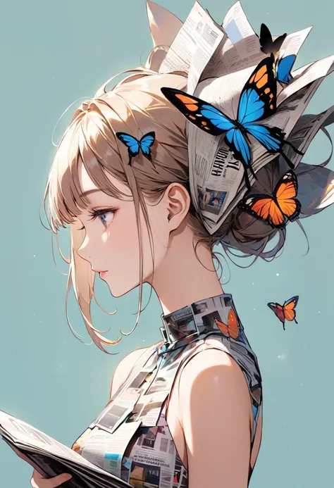 side view girl, solitary, wearing a magazine cover dress, delicate facial features and long eyelashes, a butterfly landed on her...