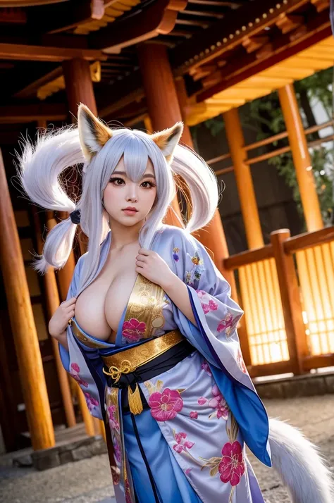 1. "A stunning, majestic female cosplayer dressed as nine tail flower (Kyubi no Hana) at a cosplay event. She has an extremely voluptuous, curvaceous, and ultra-chubby body. Her long silver wig flows down to her waist, and she has large golden contact lens...