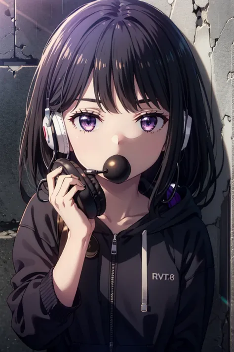 takiuchikami, check it out, long hair, bangs, black hair, (purple eyes:1.2),oversized blue hoodie,wired headphones,food up,weari...