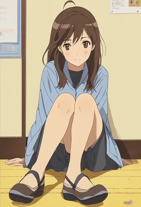 mejor calidad, Teenager, Brown eyes, Thick medium brown hair, K-on, Yui hirasawa, Anime girl, Hair at shoulder lenght, two yellow hairpins, Skirt over pants, , Bare feet, Five toes, Two feet close view, Feet close up, Soles of feet, Shy, Shy smile, Embarra...