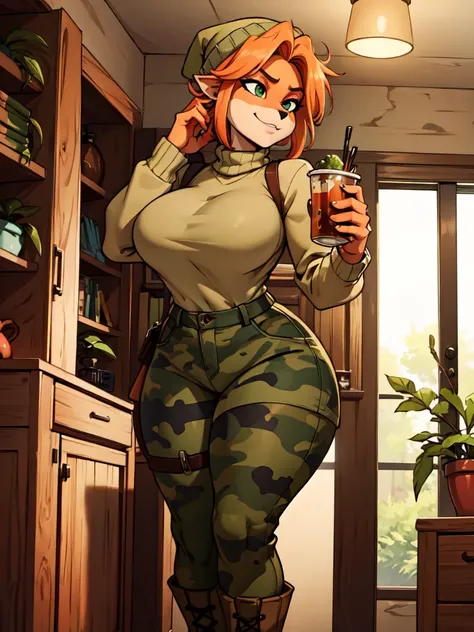 (best quality,4k,8k,highres,masterpiece:1.2),ultra-detailed,realistic:1.37,portrait, sancy anthro bandicoot girl redhead, braided hair, beautiful green eyes,  sexy ,seductive, warm sweater, beanie-balaclava, camouflage pants, army boots, smirking, cozy lig...