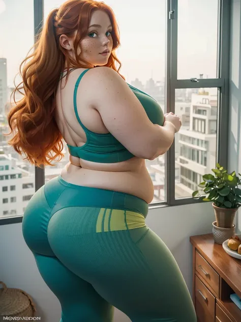 A back wiew photo of a young beautiful redhead bbw with long wavy ginger hair soft fat belly, wide fat obese hips, thick fat legs and fat arms, cute pretty face, small breasts, blue eyes, freckles, in a green yoga pants and yoga top, looking out of the win...