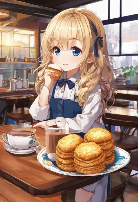 BREAK Perfect Anatomy、Highest quality、(cute:1.1)、(cute)、(High resolution:1.2)、Unbelievably absurd:1.3、Incredible illustrations、(cuteイラスト:1.2)、（Beautiful background、Coffee shop）1gial(Blonde hair and blue eyes、Wavy Hair(child,(a girl, dwarf, height 1.3meters...