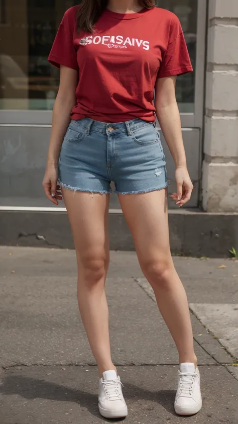 Red t-shirt up to waist, short jeans pants, 