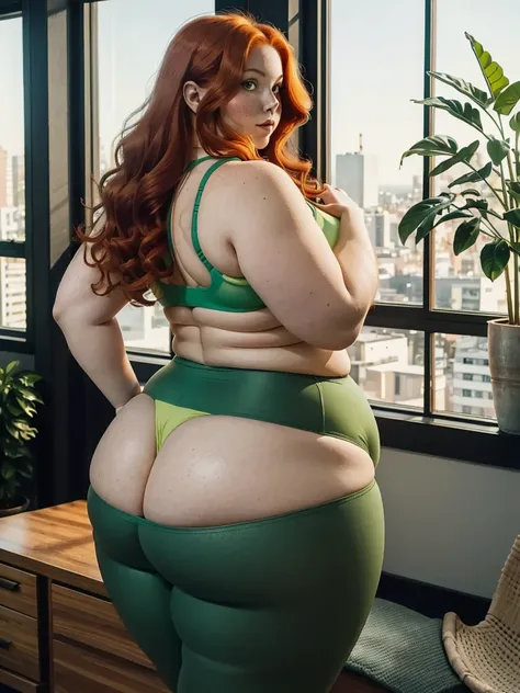 A back wiew photo of a young beautiful redhead bbw with long wavy ginger hair soft fat belly, wide fat obese hips, thick fat legs and fat arms, freckles, in a green yoga pants and yoga top, looking out of the window in a modern living room in sunset