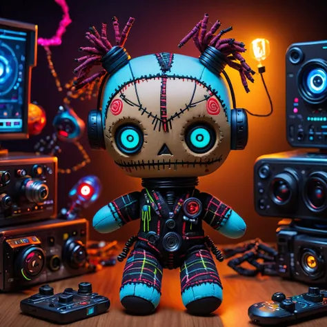 (knitted toy voodoo doll:1.8), (Voodoo Doll Drone Technician:1.3), (Clothing: futuristic attire with circuit patterns:1.0), (Accessories: enchanted drone emitting bright light, levitating controllers:1.1), (background: tech workshop with floating tools, gl...