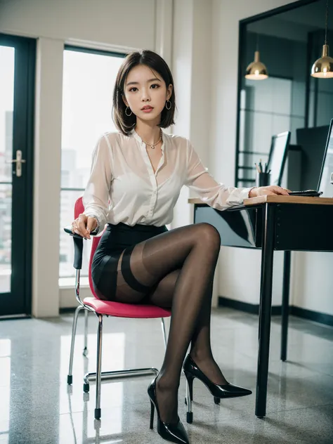 (whole body:1.5)，(Watching the audience:1.4)，(Correct Anatomy:1.3)，(That day in paradise:1.3),(Wearing matte black pantyhose, an office lady business suit and high heels，And lots of jewellery :1.3), (Sit on a chair:1.3),(In pink|yellow|Blue color|green|red...