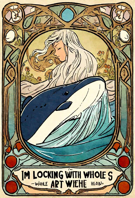 Beautiful drawing of Nishikigoi jumping out of the water、Simple Haida design with whale flowing、Haidas design is simple, Clean flowing lines with no filler pattern on the inside、Side view of the whole body、Art Nouveau advertising style、Im looking with my h...