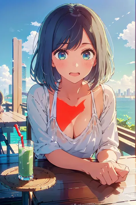 (Highest quality:1.4、masterpiece:1.4、Super detailed:1.4、Ultra-high resolution:1.4、8K:1.4)、F cup bust、Big Breasts、Slim body、((((1 person、Surprised expression、sit、Chair、In the background are the urban buildings of Tokyo、looking at the camera、Outdoor café ter...