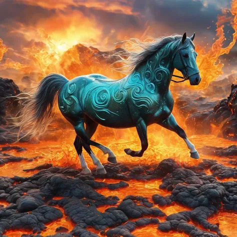 best qualityer, very fine, 16K, ridiculous, extremely detaild, kind(((horseback:1.3)))，Made of translucent boiling lava, background pasture（（A masterpiece full of fantasy elements）））， （（best qualityer））， （（details Intricate））（8K）