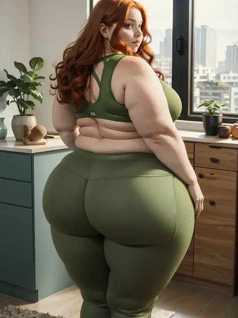 A back wiew photo of a young beautiful redhead bbw with long wavy ginger hair soft fat belly, wide fat obese hips, thick fat legs and fat arms, freckles, in a green yoga pants and yoga top, looking out of the window in a modern living room in sunset