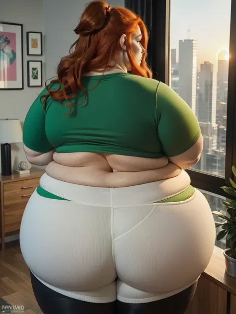 A back wiew photo of a young beautiful redhead bbw with long wavy ginger hair soft fat belly, wide fat obese hips, thick fat legs and fat arms, freckles, in a green yoga pants and yoga top, looking out of the window in a modern living room in sunset