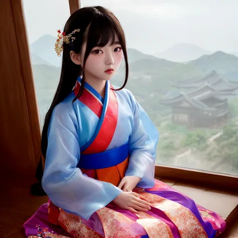 masterpiece of surreal fantasy, closeup of a korean teen girl like idol, long hairstyles, wear transparent a blue and red Hanbok traditional clothes, in ancient korean house, There was light coming down from the shade of the cloudy, light and shadow, vivid...