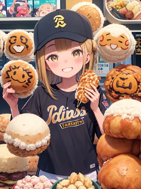 One Girl、Osaka city、Fans of the Hanshin Tigers、Baseball Fan、Eating takoyaki、smile、Angle from above、Baseball hats、Double teeth、fine、Happy、