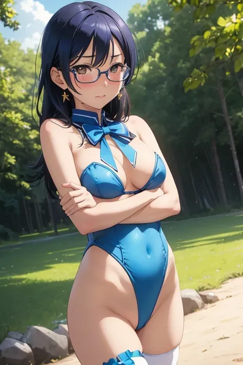 Masterpiece, best quality,(NSFW:1.2),Solo, cowboy shot,Sonoda umi,(white and blue leotard), magical girl glasses, earrings, thighhighs breasts,outdoors,day, crossed arms,golden eyes, embarrassed,(blushing:1.2), show breat, show nipple, NFSW, Lewd, seductiv...