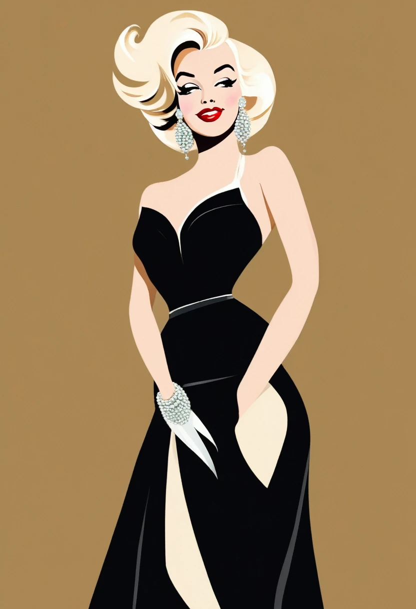 Um mulher alta e magra , blonde with a face like Marilyn Manroe in a long black dress with diamond earrings and pearl necklace 