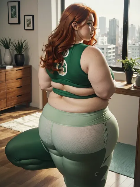 A back wiew photo of a young beautiful redhead bbw with long wavy ginger hair soft fat belly, wide fat obese hips, thick fat legs and fat arms, freckles, in a green yoga pants and yoga top, looking out of the window in a modern living room in sunset