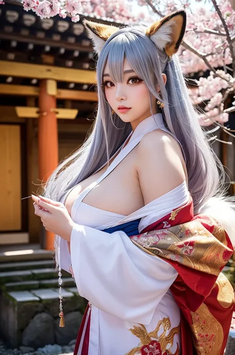 1. "A stunning, majestic female cosplayer dressed as nine tail flower (Kyubi no Hana) at a cosplay event. She has an extremely voluptuous, curvaceous, and very fat body, which she proudly displays. Her long silver wig flows down to her waist, and she has l...