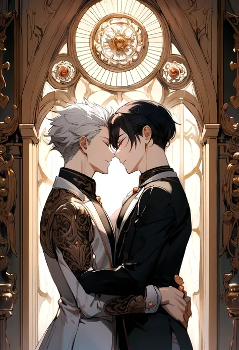 2 men love each other, one with black hair and one with white hair