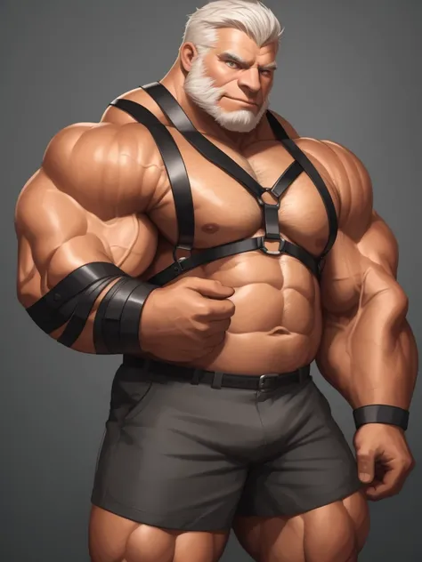 solo, 1boy, Huge Muscular Old man wearing harness , pectoral, thick arms, huge pectoral, wide pectoral, short white hair, short pants and shirtless, clean face, simple background, masterpiece, semirealistic:1.2, high detailed, 8k, high resolution