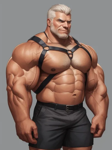 solo, 1boy, Huge Muscular Old man wearing harness , pectoral, thick arms, huge pectoral, wide pectoral, short white hair, short pants and shirtless, clean face, simple background, masterpiece, semirealistic:1.2, high detailed, 8k, high resolution