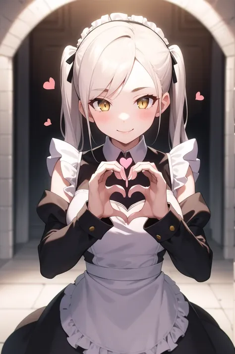 masterpiece, best quality, (illustration), solo, 1girl, twintails, yellow eyes,long hair, white hair, eyebrows, parted bangs, maid breasts, maid outfit, standing, upper body, smile, sexy, (looking at viewer), (close_up:0.85), (heart hands:1.3)